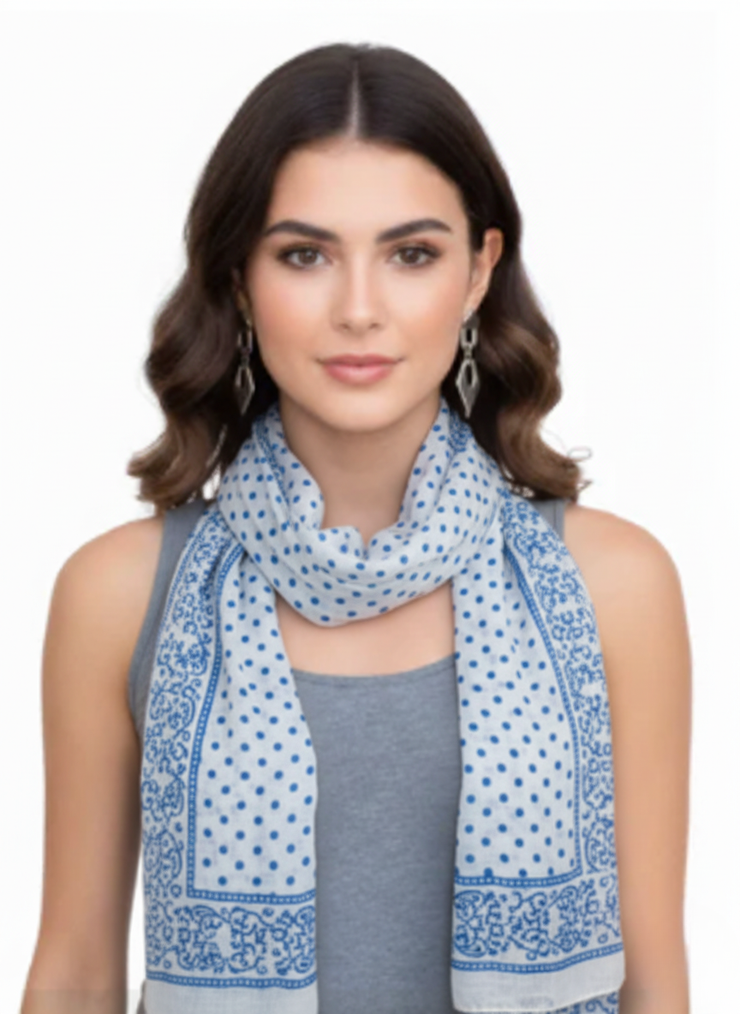 Blue Polka Dot Cotton Blend Scarf