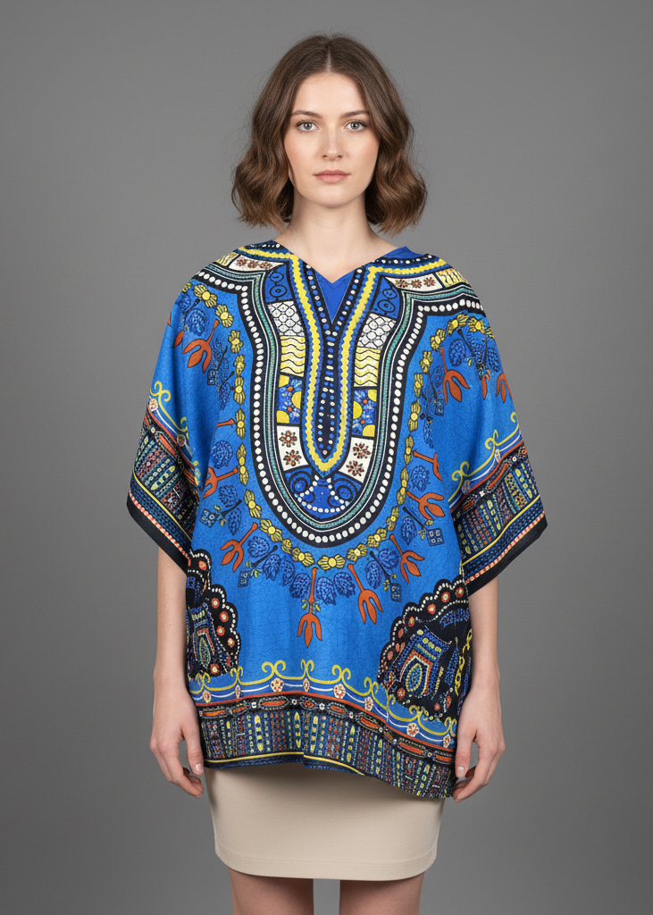 Woman modeling a vibrant blue dashiki kaftan tunic featuring a traditional yellow and orange tribal pattern. The oversized one-size top has wide sleeves and a V-neckline, shown in a high-quality studio shot against a solid grey background.