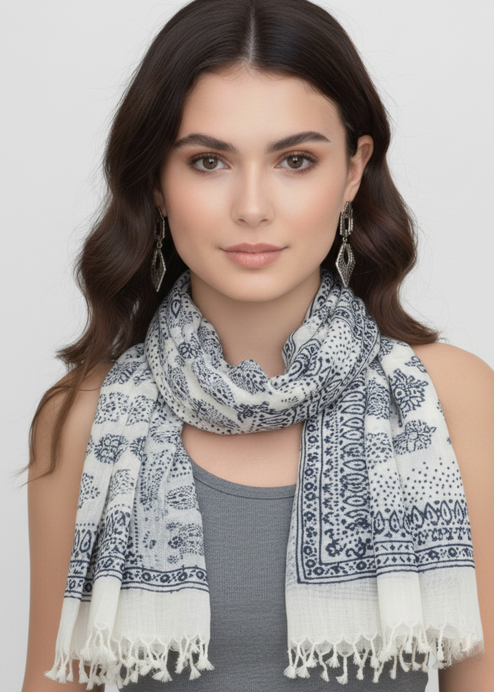 Blue pashmina scarf with a delicate henna-inspired paisley print and subtle eyelash fringe.