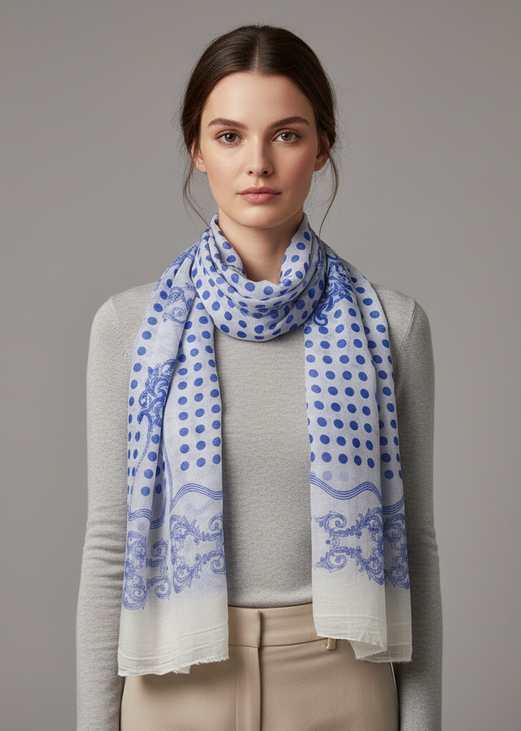 Blue polka dot scarf made from a cotton blend fabric.