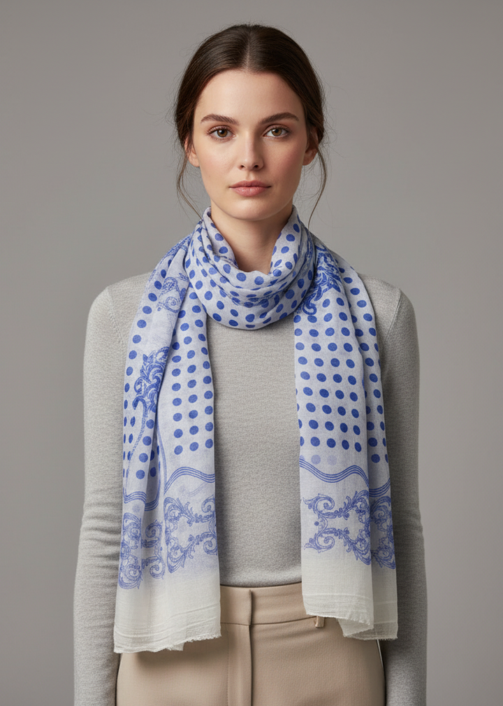 Blue polka dot scarf made from a cotton blend fabric.