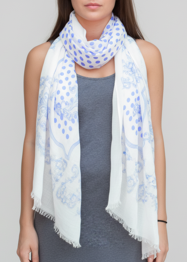 Stylish blue polka dot paisley fringe scarf for women with intricate patterns and textured tassel edges.