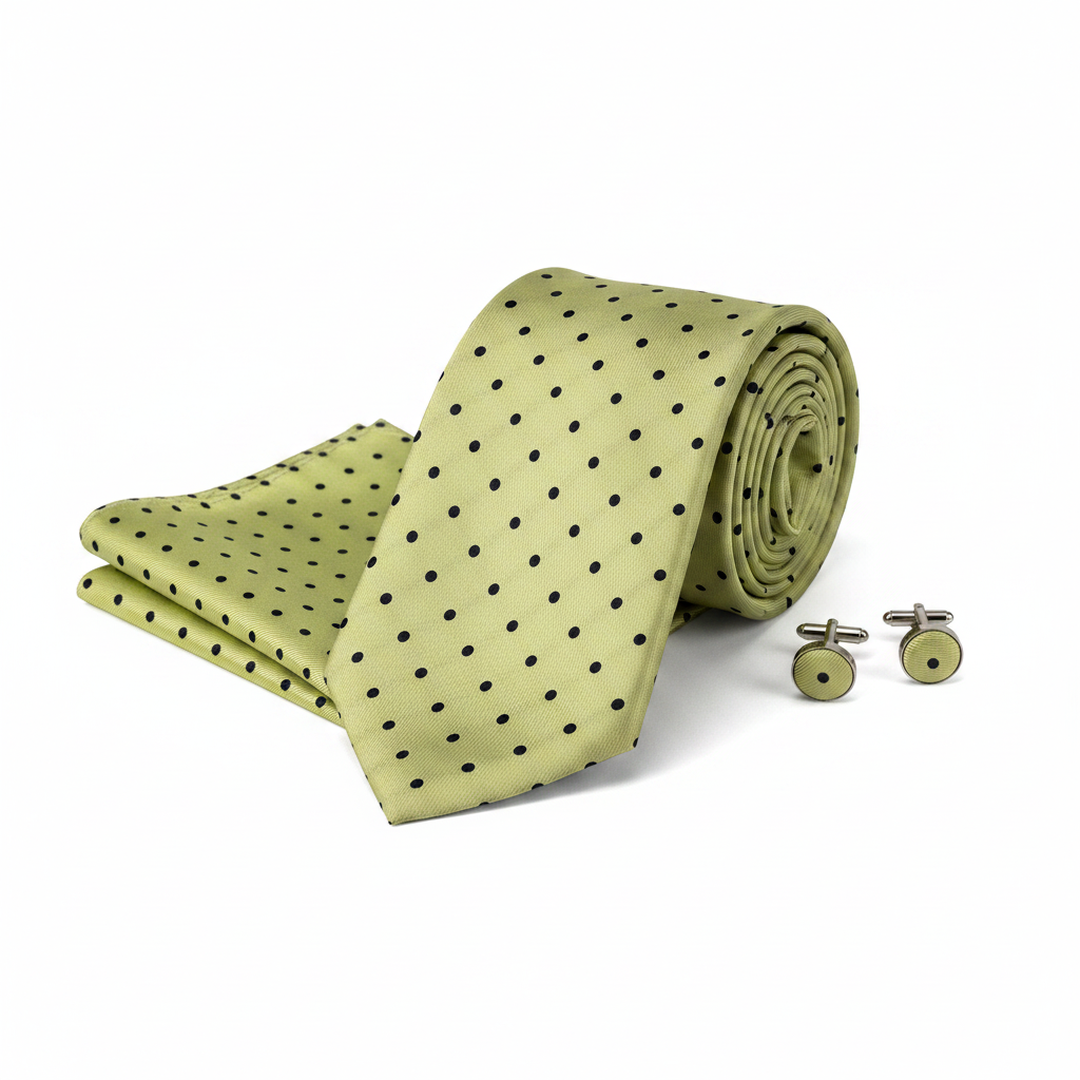 Blue and Green Polka Dot Men's Tie Set with Cufflinks and Pocket Square