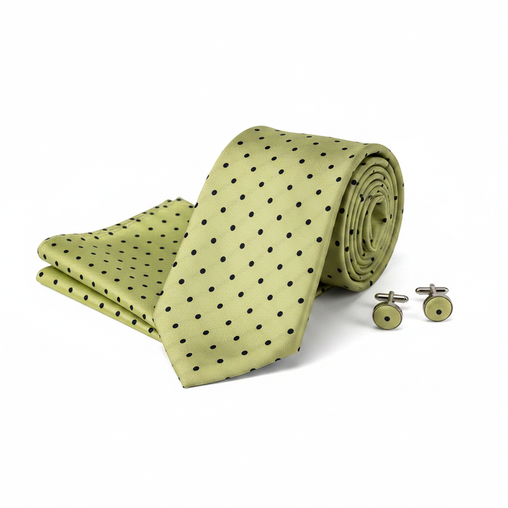 Blue and Green Polka Dot Men's Tie Set with Cufflinks and Pocket Square