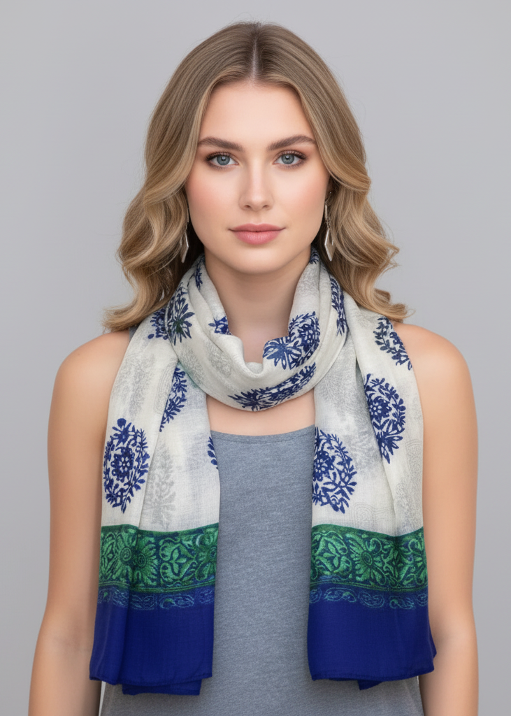 Blue and green scarf with a tribal flower paisley pattern