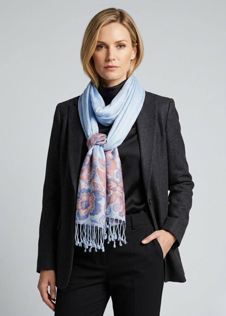 Reversible pashmina shawl featuring a blue paisley pattern with a decorative floral border and fringe trim.