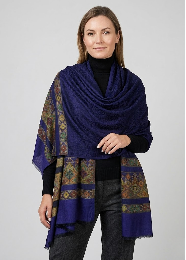 Plum and peach silky scarf with a tribal paisley print and fringe edges
