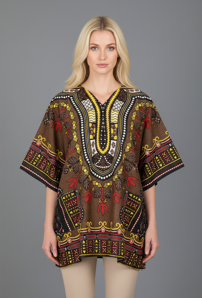 Woman modeling a chocolate brown dashiki kaftan tunic with traditional yellow, red, and black tribal embroidery patterns. The oversized one-size top features a V-neckline and wide sleeves, shown against a solid grey background.