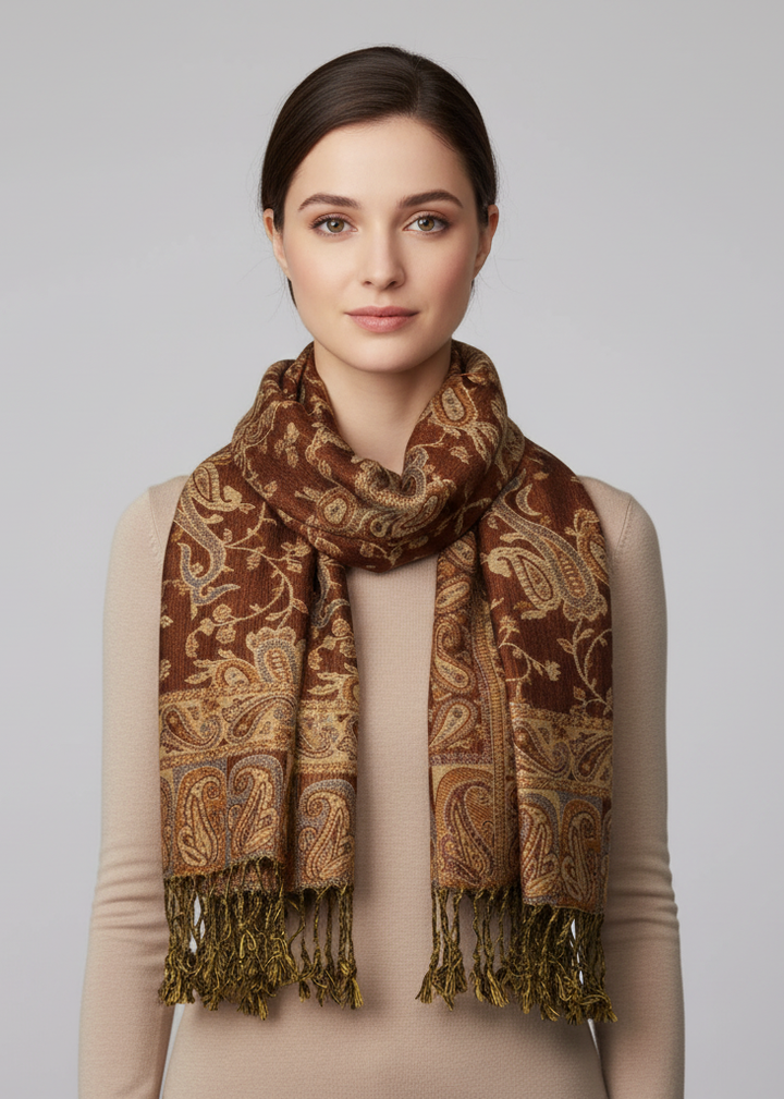 Reversible elegant pashmina shawl wrap with a brown and peach intricate paisley pattern and fringed ends.
