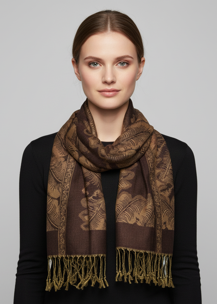 Elegant brown and peach reversible jacquard paisley shawl wrap pashmina for women.