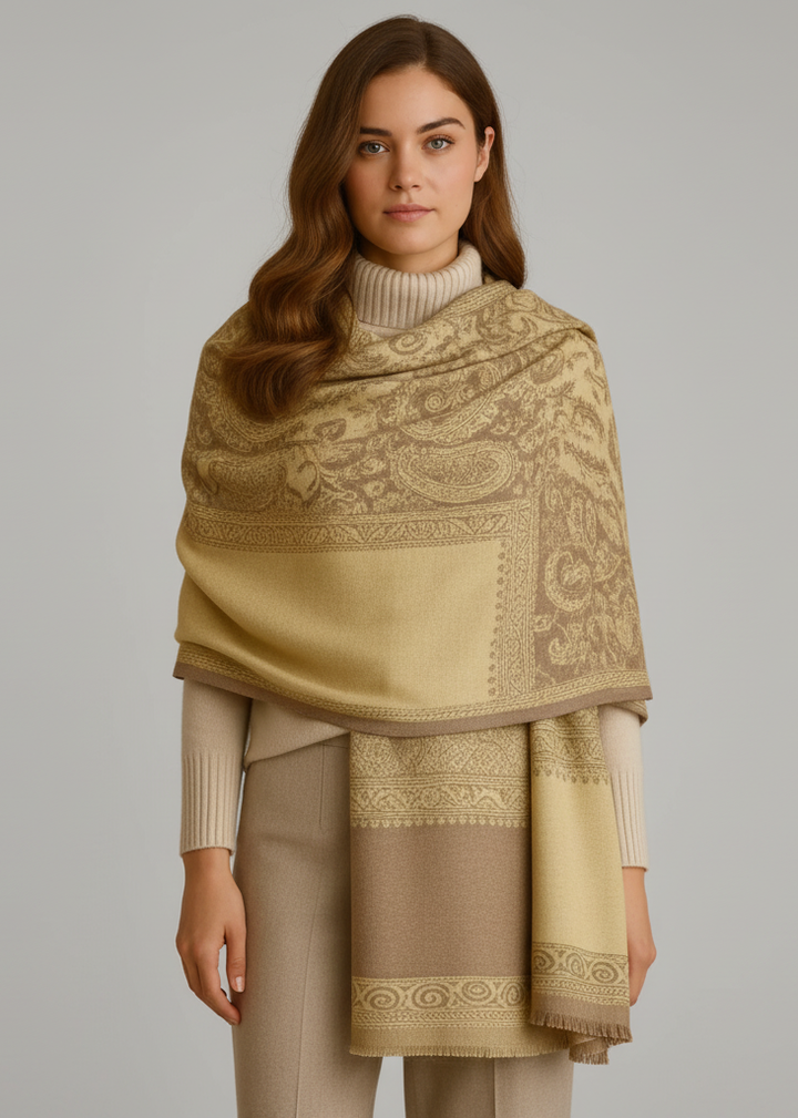 Brown and tan reversible paisley pashmina shawl with thick 4-ply weave and fringe trim.