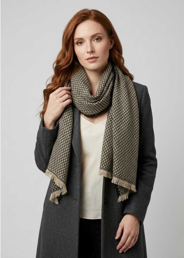 Black and white plaid tartan herringbone reversible oversized winter blanket scarf with fringe edges