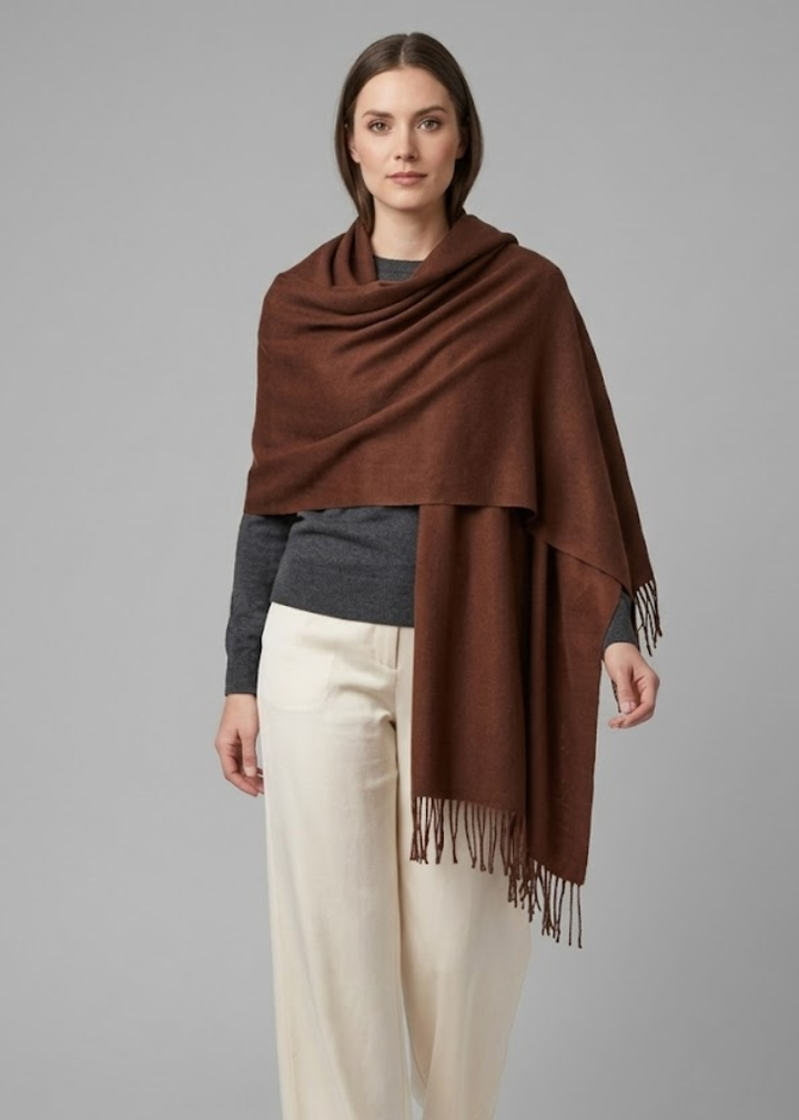Brown luxurious cashmere and fine wool travel throw blanket scarf in solid brown with fringe detail