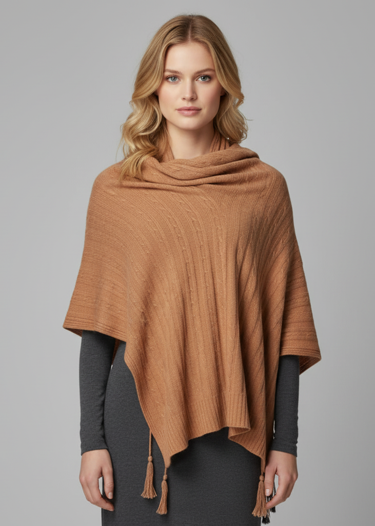 Oversized cable knit shawl made of soft cashmere and wool blend with textured woven patterns