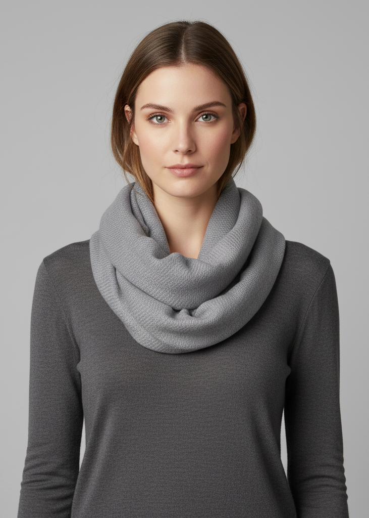 Grey cashmere wool infinity loop scarf wrapped around a neck for warmth and style