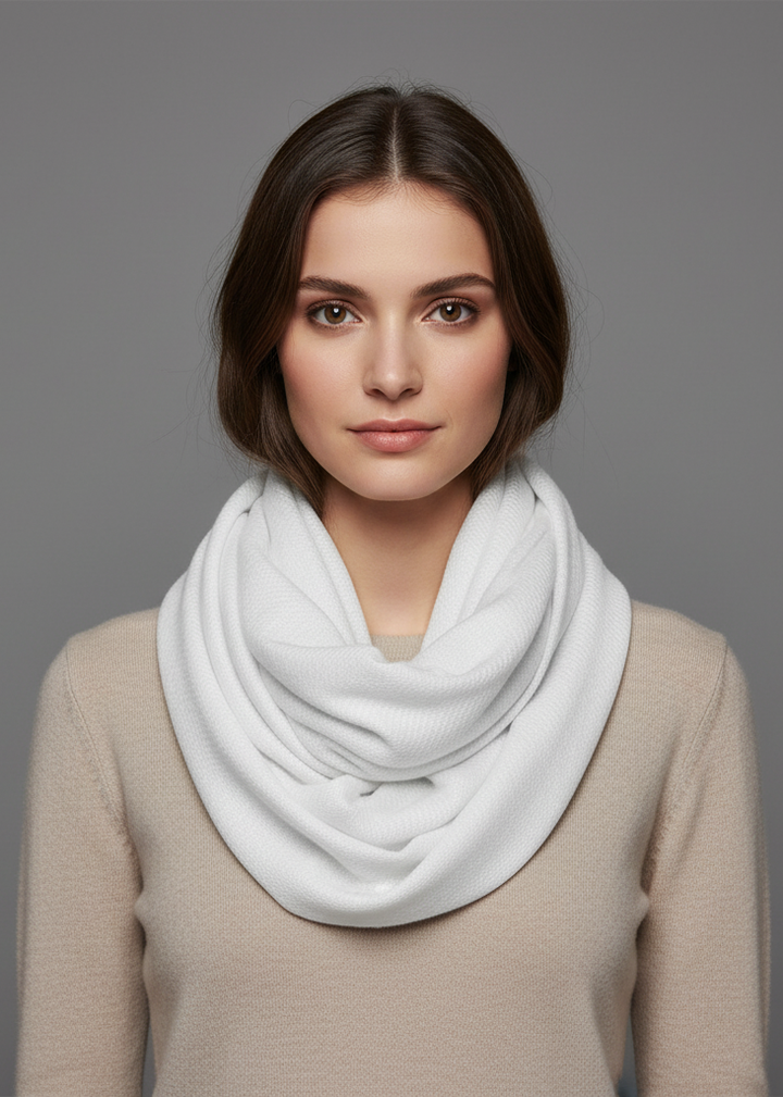White cashmere wool infinity loop scarf styled around a neck for warmth and comfort