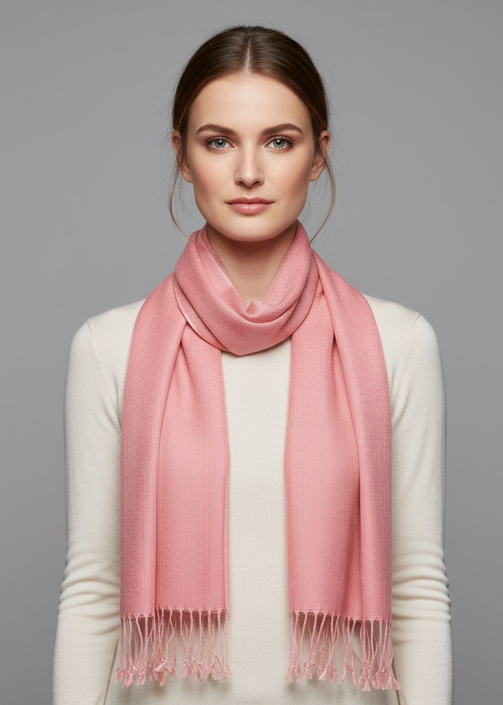 Soft pink cashmere and silk blend scarf with fringe detail along the edges and a subtle woven texture.