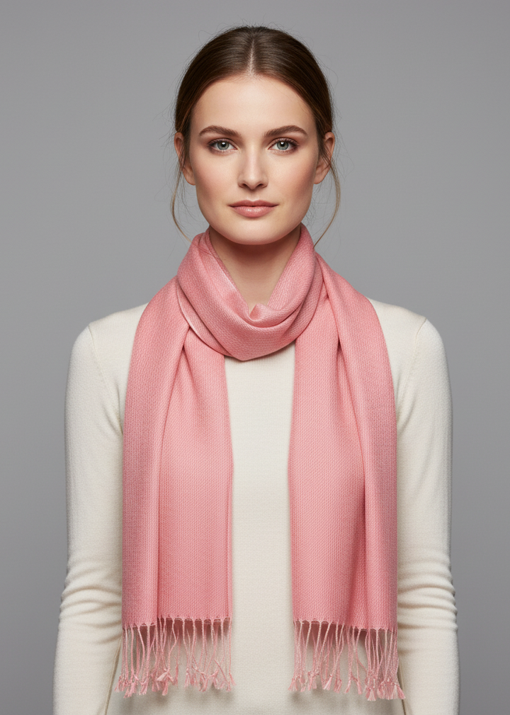 Soft pink cashmere and silk blend scarf with fringe detail along the edges and a subtle woven texture.