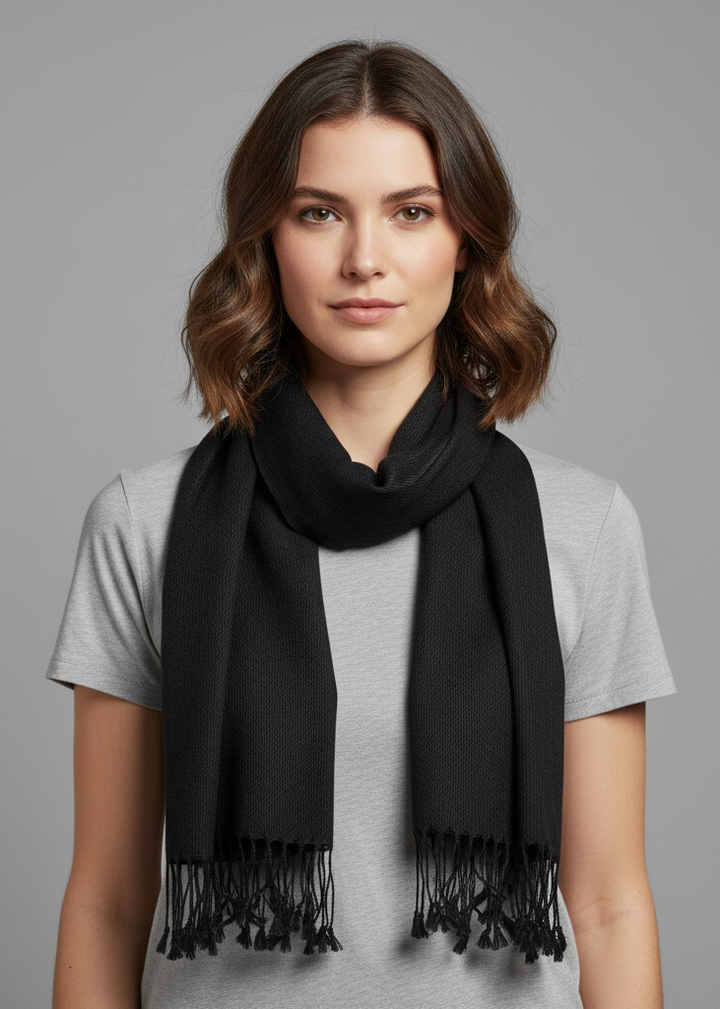 Black cashmere and silk blend scarf with fringe trim draped elegantly to show its soft texture and lightweight weave