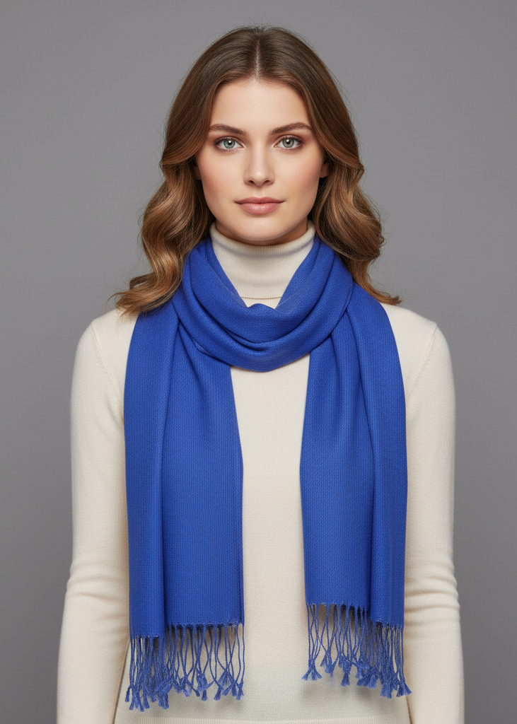Blue cashmere and silk scarf elegantly draped over the shoulders of a person wearing a formal dress, showcasing the soft texture and luxurious drape of the fabric.