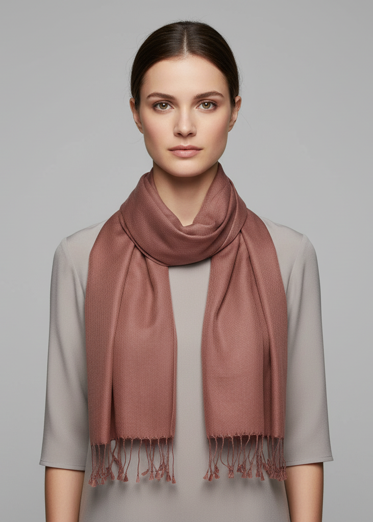 Luxurious chocolate brown cashmere and silk blend scarf with a soft brushed texture and fringed edges folded neatly to showcase the rich earthy tone.
