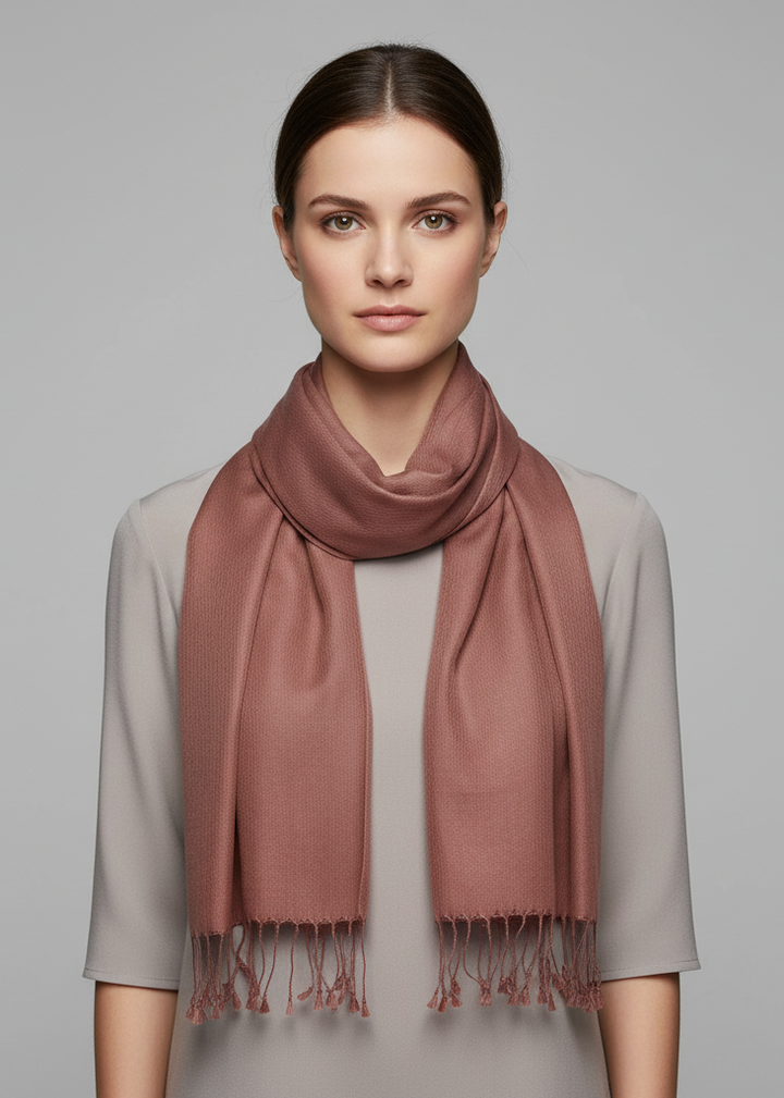 Luxurious chocolate brown cashmere and silk blend scarf with a soft brushed texture and fringed edges folded neatly to showcase the rich earthy tone.
