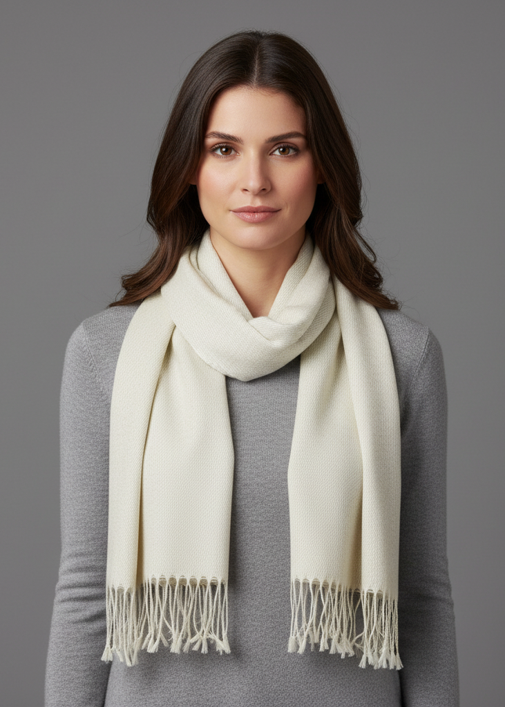 Soft off-white cashmere and silk blend scarf draped elegantly to show its lightweight texture and fringe detail