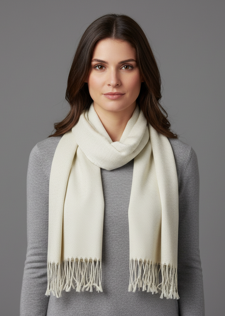 Soft off-white cashmere and silk blend scarf draped elegantly to show its lightweight texture and fringe detail