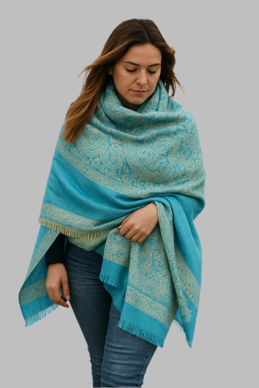 Thick 4 Ply Blanket Scarf Reversible Paisley Pashmina Thick Scarf Wrap Shawl Turquoise/Tan