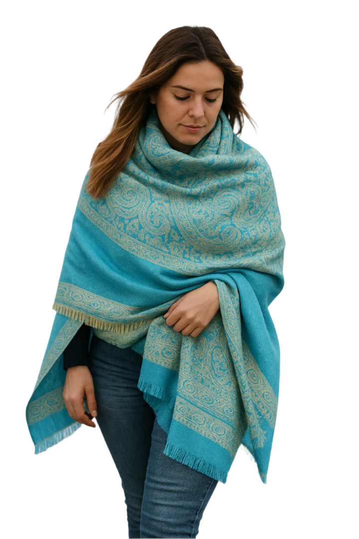 Turquoise & Tan Thick 4-Ply Reversible Paisley Pashmina Shawl