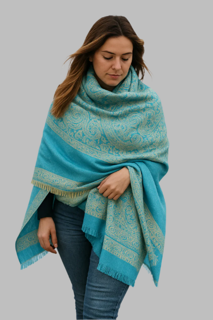 Thick 4 Ply Blanket Scarf Reversible Paisley Pashmina Thick Scarf Wrap Shawl Turquoise/Tan