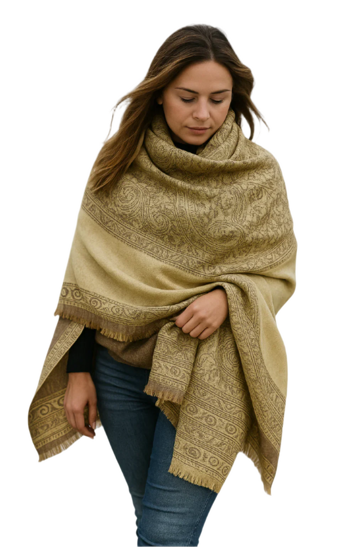 Brown & Tan Thick 4-Ply Reversible Paisley Pashmina Shawl