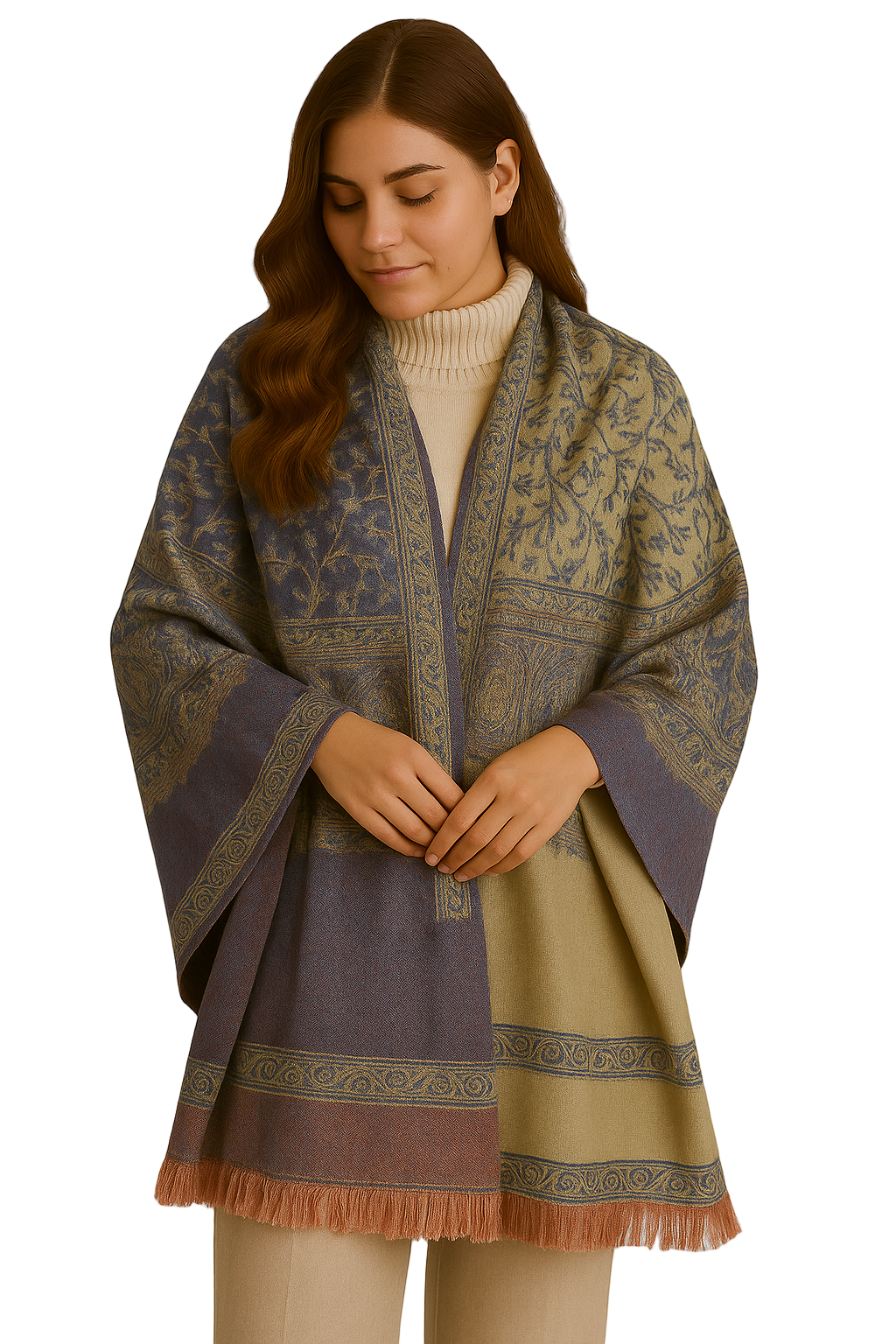 Purple & Coral Thick 4-Ply Reversible Paisley Pashmina Shawl