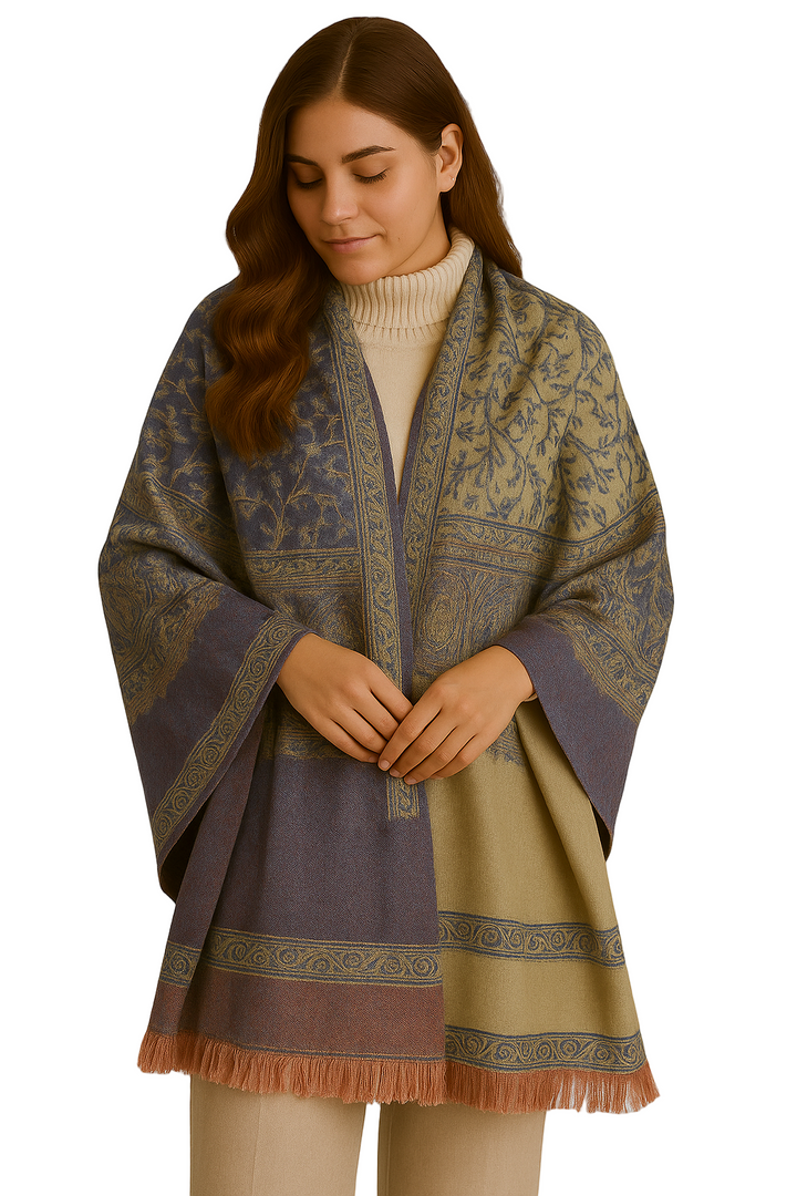 Purple & Coral Thick 4-Ply Reversible Paisley Pashmina Shawl