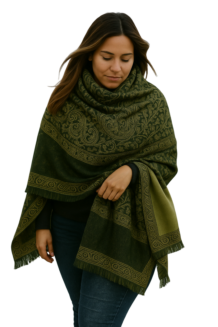 Dark Green & Tan Thick 4-Ply Reversible Paisley Pashmina Shawl