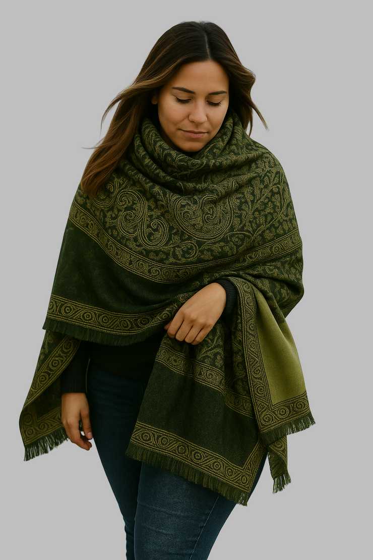 Thick 4 Ply Blanket Scarf Reversible Paisley Pashmina Thick Scarf Wrap Shawl Dark Green/Tan