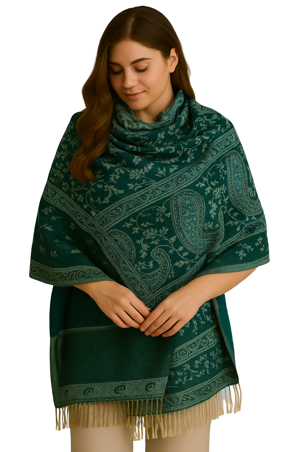 Forest Green & Tan Thick 4-Ply Reversible Paisley Pashmina Shawl