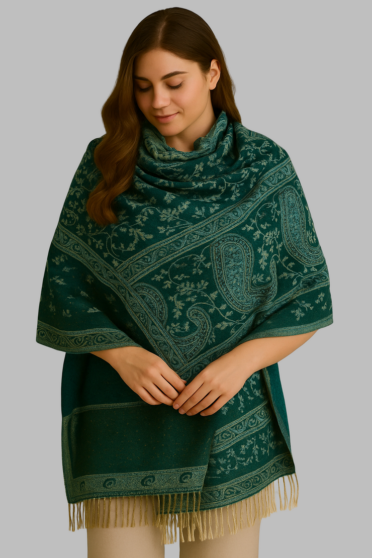 Thick 4 Ply Blanket Scarf Reversible Paisley Pashmina Thick Scarf Wrap Shawl Forest Green/Tan