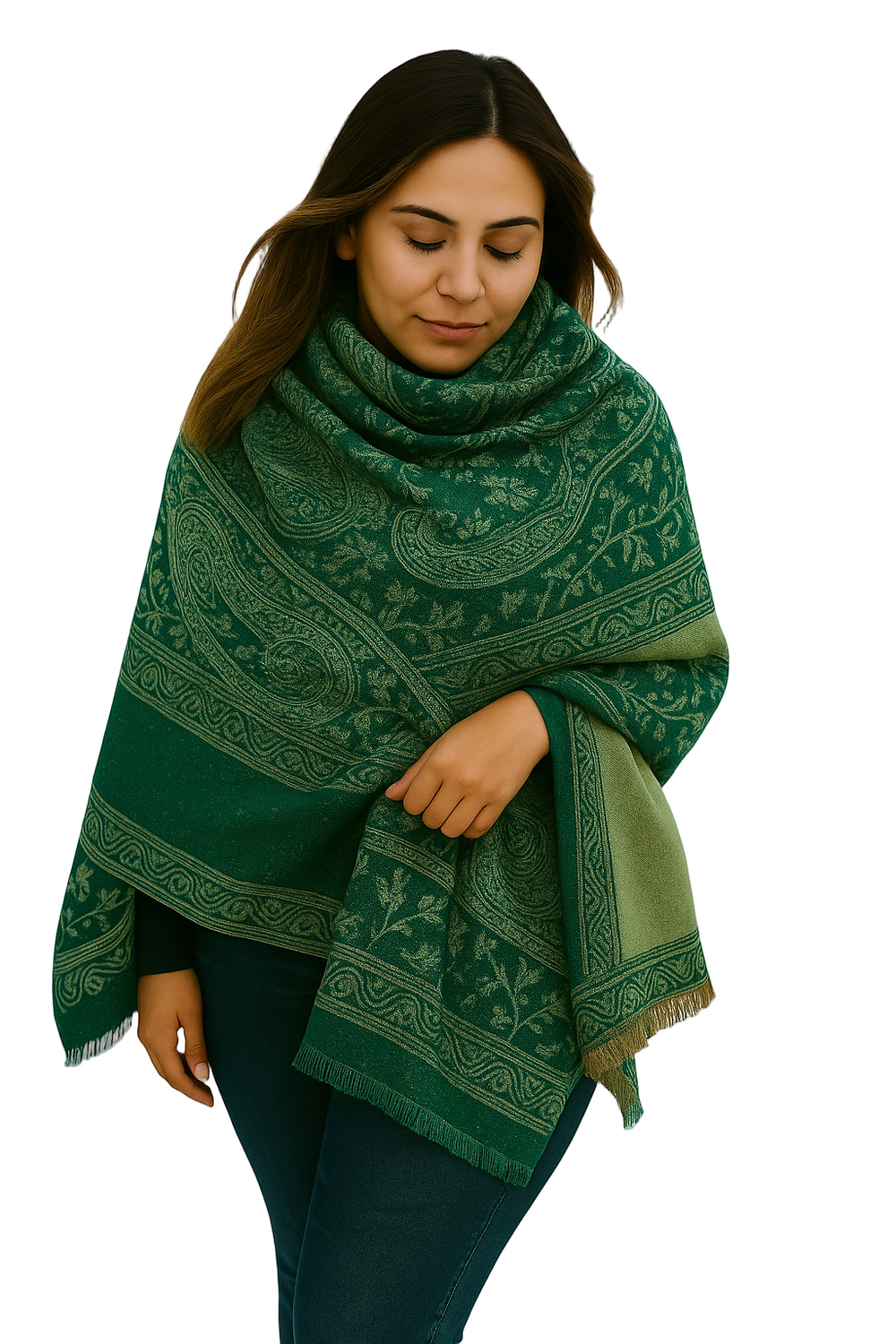 Forest green and tan reversible paisley pashmina shawl with thick 4-ply weave.