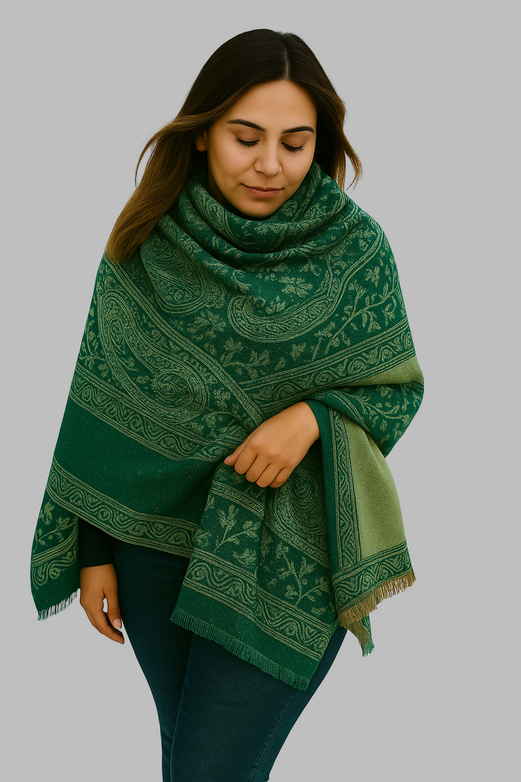 Thick 4 Ply Blanket Scarf Reversible Paisley Pashmina Thick Scarf Wrap Shawl Forest Green/Tan