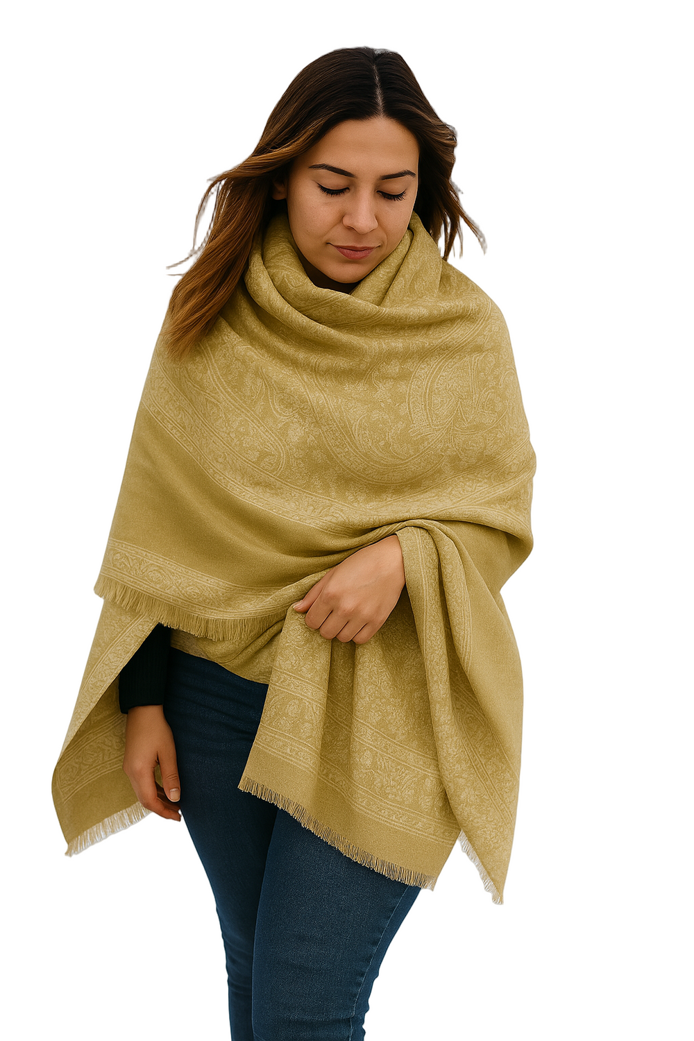 Reversible khaki and tan pashmina shawl featuring a thick 4-ply weave and an intricate paisley pattern with fringe trim.