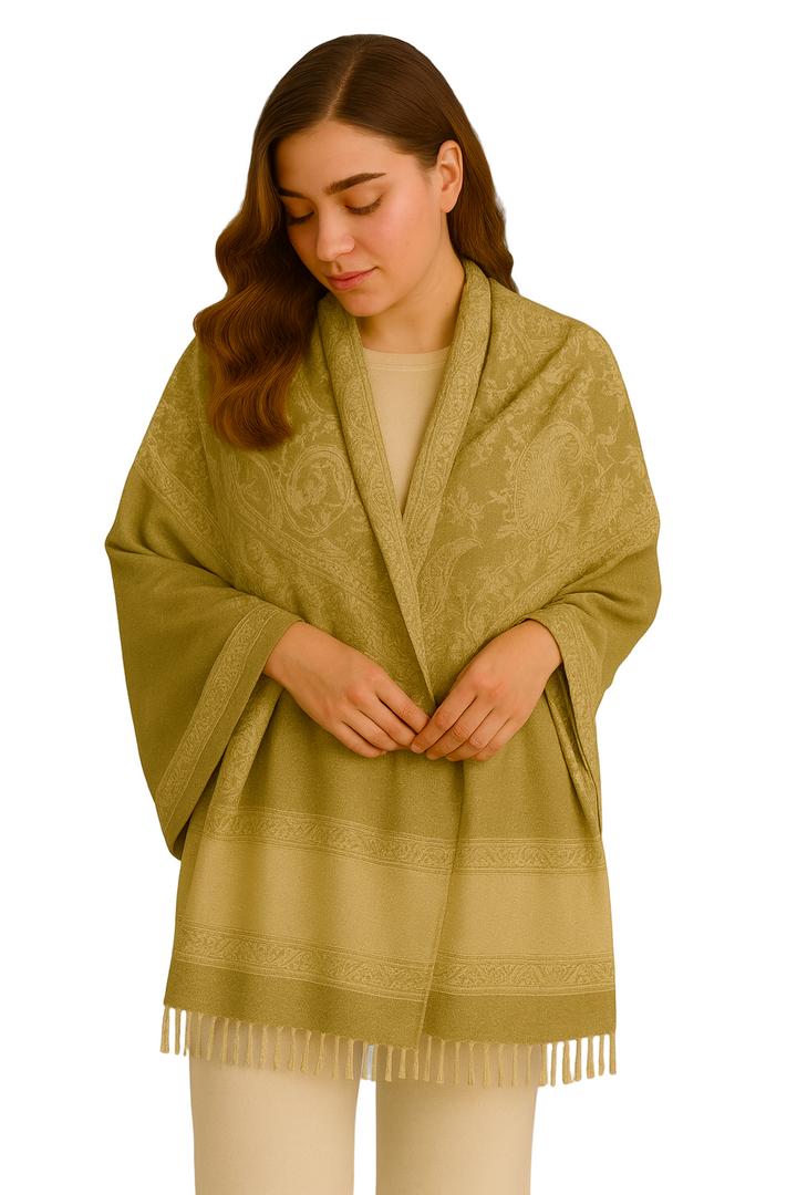Khaki & Tan Thick 4-Ply Reversible Paisley Pashmina Shawl
