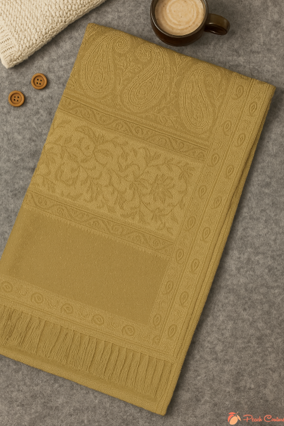 Khaki & Tan Thick 4-Ply Reversible Paisley Pashmina Shawl