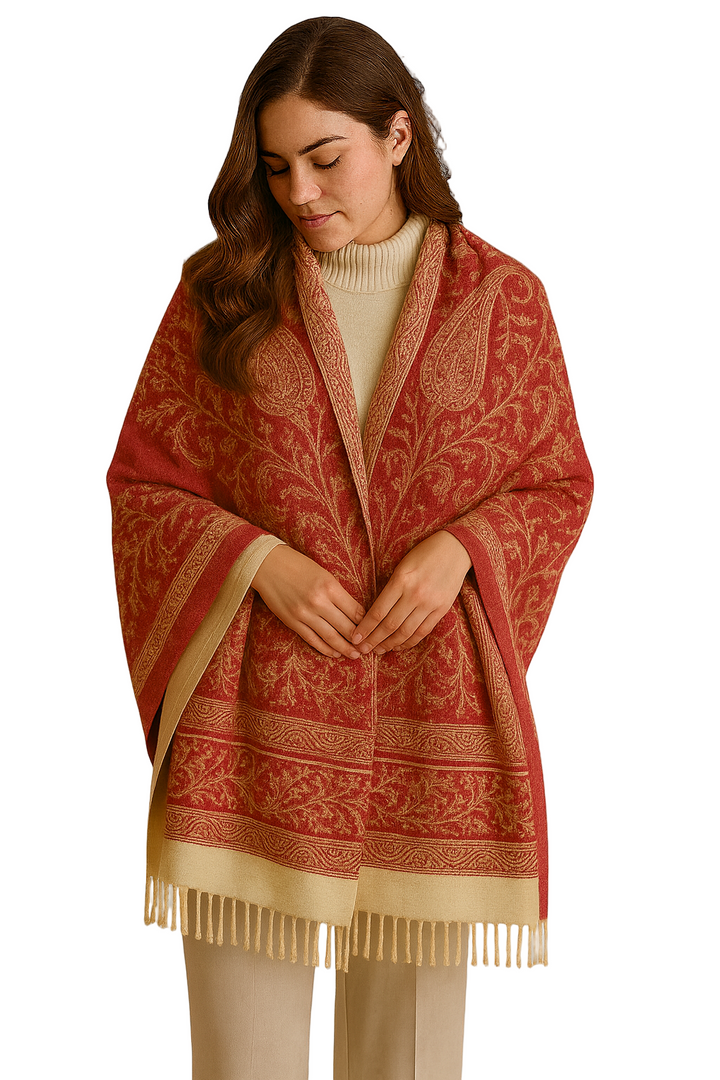 Cream & Pink Thick 4-Ply Reversible Paisley Pashmina Shawl