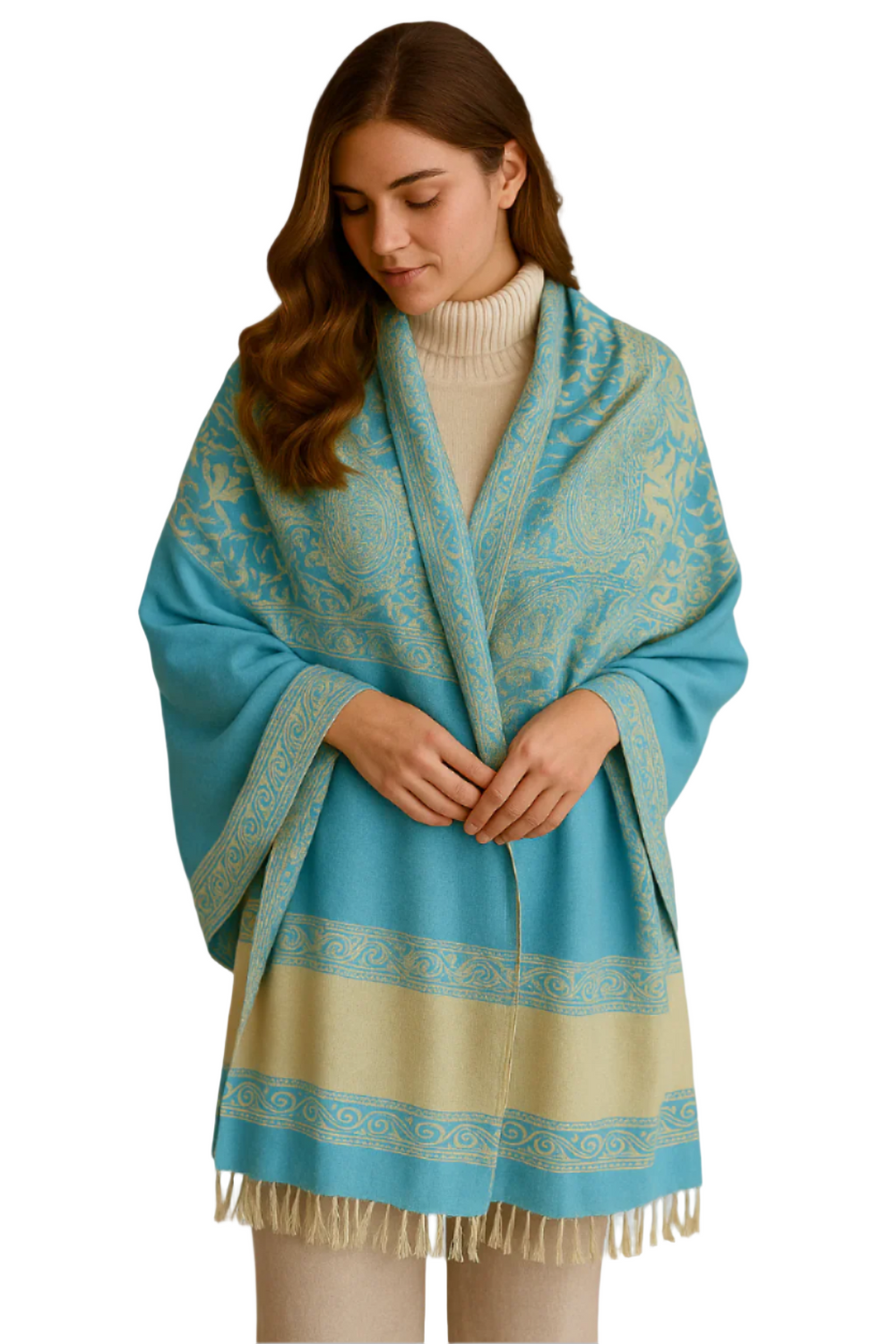 Turquoise and tan reversible paisley pashmina shawl with a thick 4-ply weave and fringe trim.