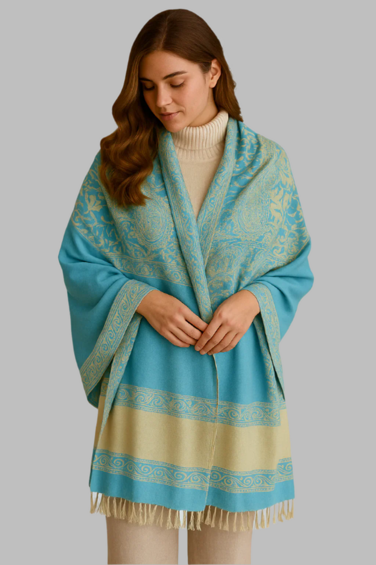 Thick 4 Ply Blanket Scarf Reversible Paisley Pashmina Thick Scarf Wrap Shawl Turquoise/Tan