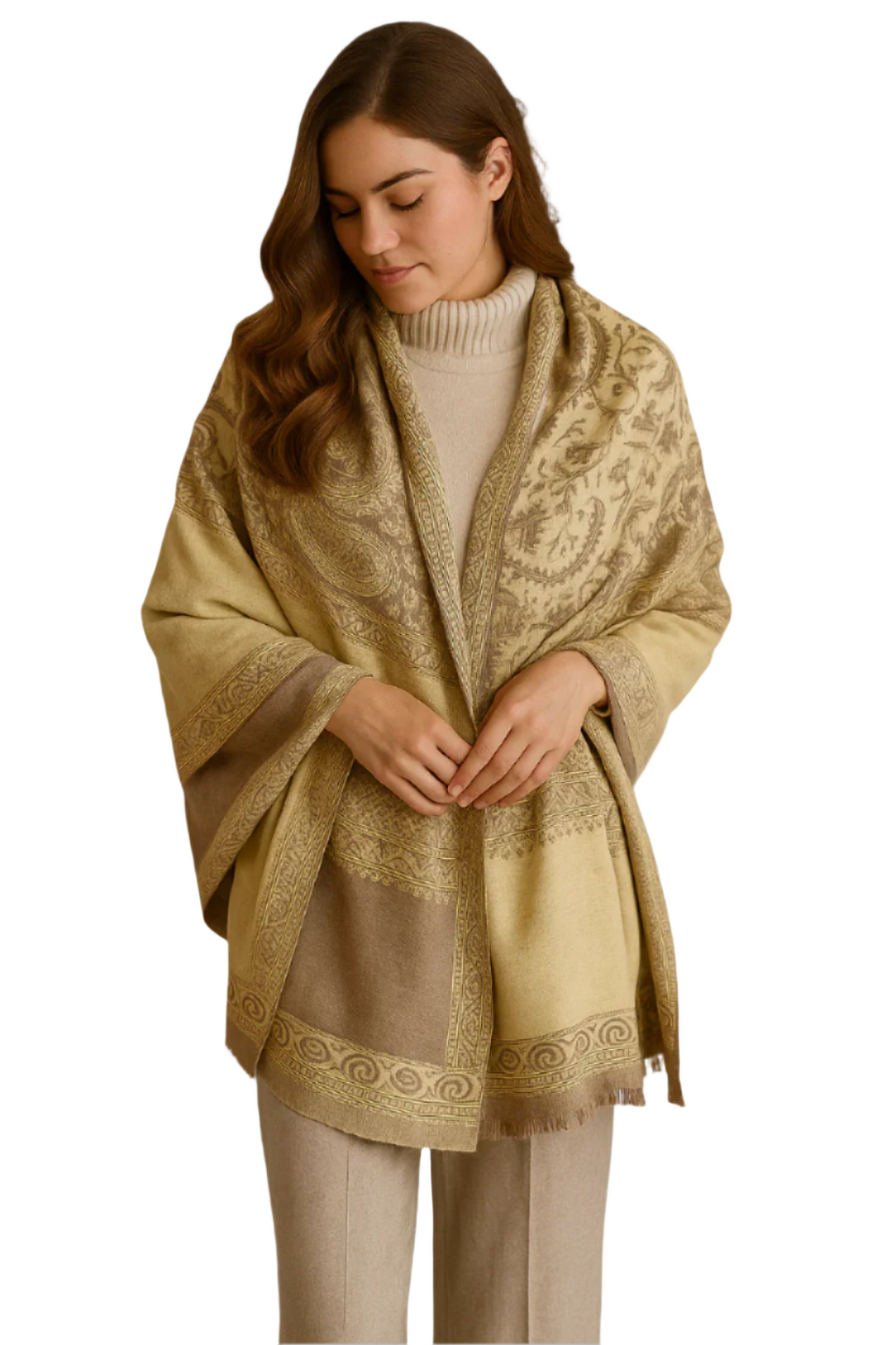 Brown and tan reversible paisley pashmina shawl with thick 4-ply weave.