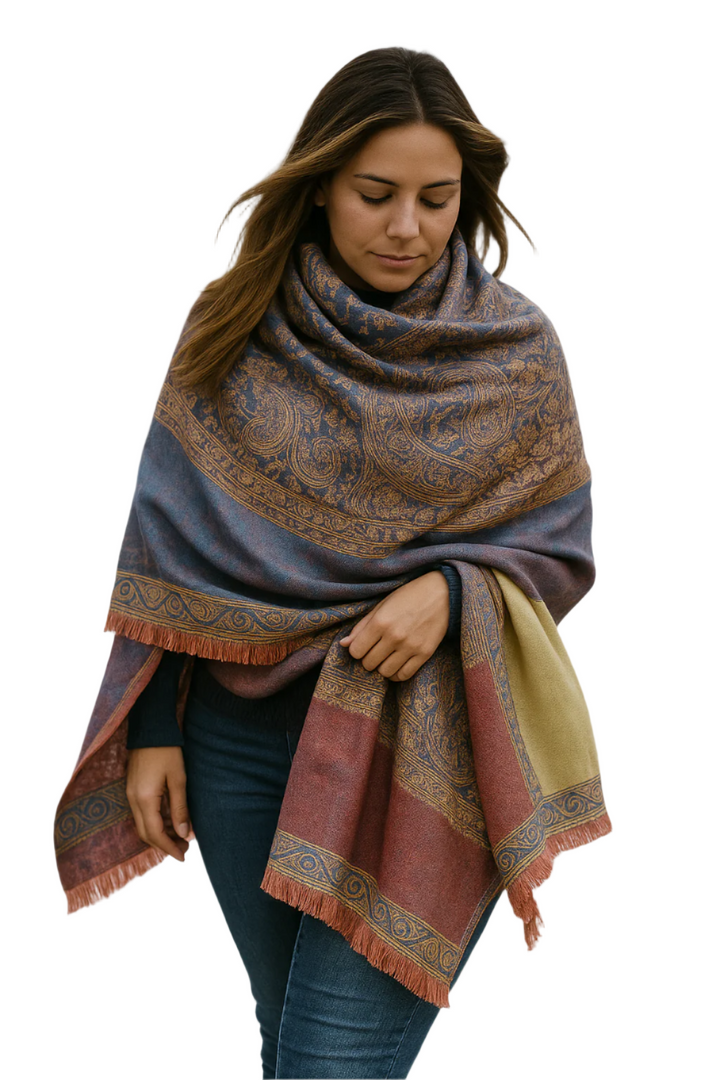 Purple & Coral Thick 4-Ply Reversible Paisley Pashmina Shawl