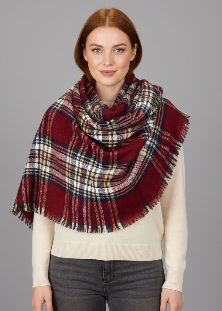Cherry red warm tartan plaid woven oversized fringe scarf blanket shawl wrap