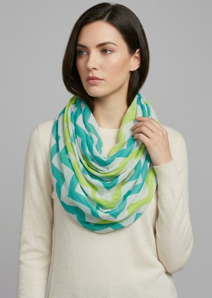 Modern Radiant Multicolored Chevron Geometric Infinity Loop Scarf (Aqua-Lime Green)